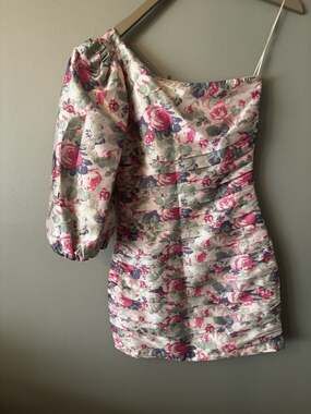 LoveShackFancy Altie One-Shoulder Pleated Floral Satin Mini Dress in Veiled Kiss